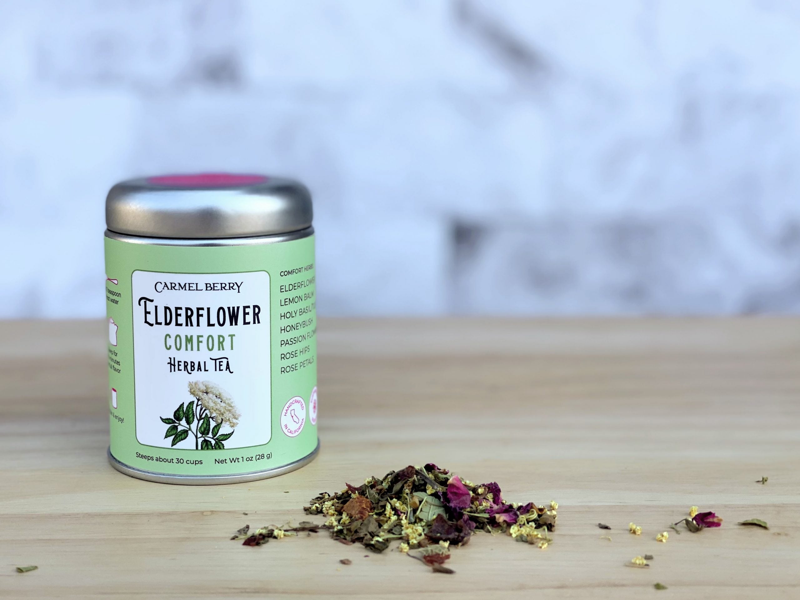 Carmel Berry Elderflower Comfort Herbal Tea tin