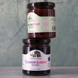 Carmel Berry Elderflower Pluot Preserves and Elderberry Blueberry Preserves jars