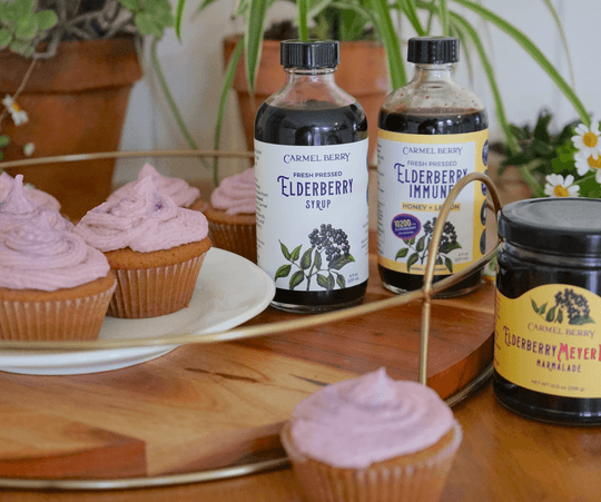 elderberry cupcakes on a plate with elderberry syrup