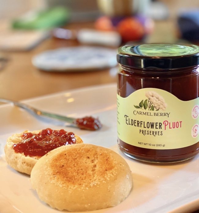 Carmel Berry Elderflower Pluot Preserves jar with baked goods