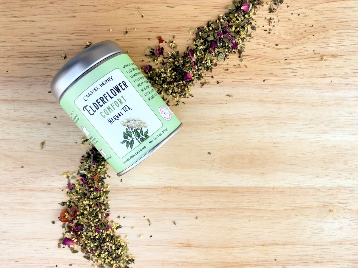 Carmel Berry Elderflower Comfort Herbal Tea tin